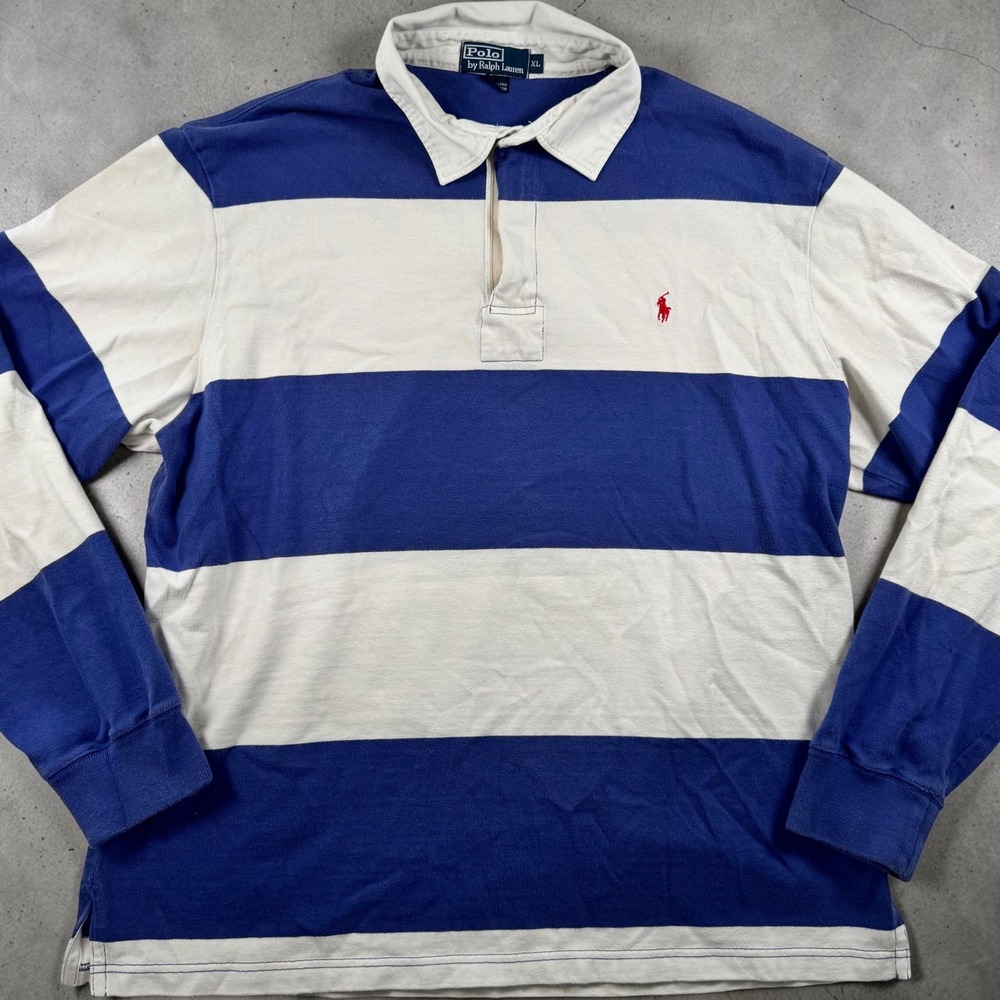 Polo Ralph Lauren Vintage Striped Quarter-Zip Rugby Shirt Blue White Mens XL
